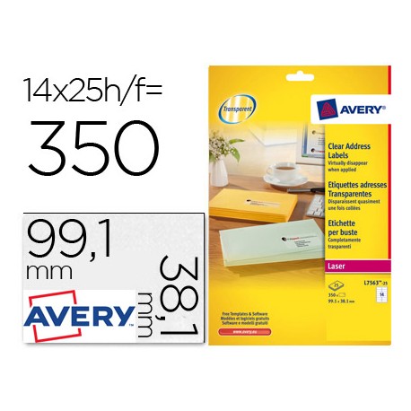 ETIQUETA ADHESIVAS AVERY DIN A4 IMPRIMIBLES TRANSPARENTE 99,1X38,1 MM CAJA DE 25 HOJAS CON 350 ETIQU