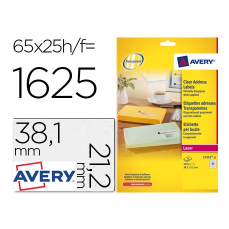 ETIQUETA ADHESIVAS AVERY DIN A4 IMPRIMIBLES TRANSPARENTE 38,1X21,2 MM CAJA DE 25 HOJAS CON 1625 ETIQ