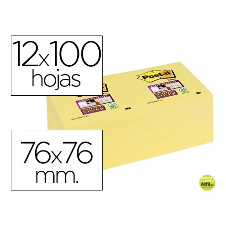 BLOC NOTA ADHESIVAS QUITA Y PON POST-IT SUPER STICKY 76X76 MM CON 12 BLOC AMARILLO CANARIO