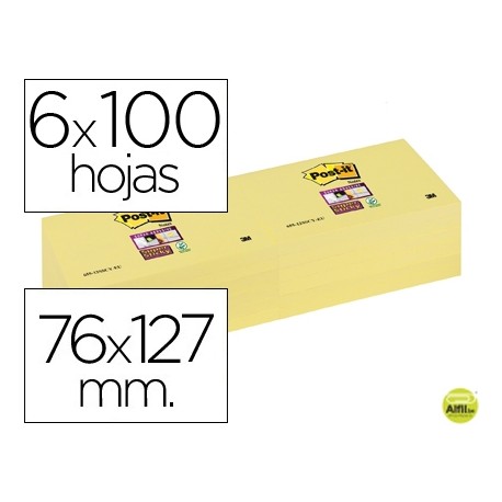 BLOC NOTA ADHESIVAS QUITA Y PON POST-IT SUPER STICKY 76X127 MM CON 6 BLOC AMARILLO CANARIO