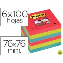 BLOC NOTA ADHESIVAS QUITA Y PON POST-IT SUPER STICKY 76X76 MM CON 6 BLOC 2 ROJOS VERDE NEON AZUL