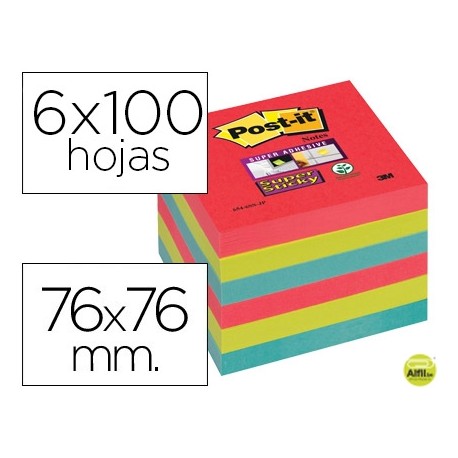 BLOC NOTA ADHESIVAS QUITA Y PON POST-IT SUPER STICKY 76X76 MM CON 6 BLOC 2 ROJOS VERDE NEON AZUL
