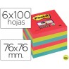 BLOC NOTA ADHESIVAS QUITA Y PON POST-IT SUPER STICKY 76X76 MM CON 6 BLOC 2 ROJOS VERDE NEON AZUL