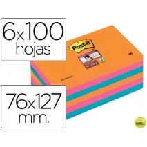 BLOC NOTA ADHESIVAS QUITA Y PON POST-IT SUPER STICKY 76X127 MM CON 6 BLOC 2 ROSA NARANJA NEON AZUL