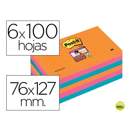 BLOC NOTA ADHESIVAS QUITA Y PON POST-IT SUPER STICKY 76X127 MM CON 6 BLOC 2 ROSA NARANJA NEON AZUL