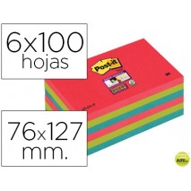 BLOC NOTA ADHESIVAS QUITA Y PON POST-IT SUPER STICKY 76X127 MM CON 6 BLOC 2 ROJO VERDE NEON AZUL