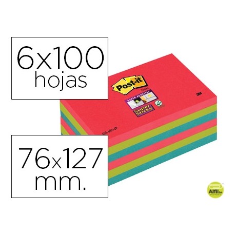 BLOC NOTA ADHESIVAS QUITA Y PON POST-IT SUPER STICKY 76X127 MM CON 6 BLOC 2 ROJO VERDE NEON AZUL
