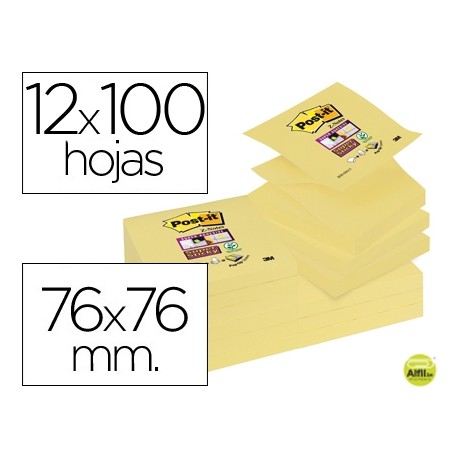 BLOC NOTA ADHESIVAS QUITA Y PON POST-IT SUPER STICKY 76X76 MM ZIGZAG CON 12 BLOC AMARILLO CANARIO