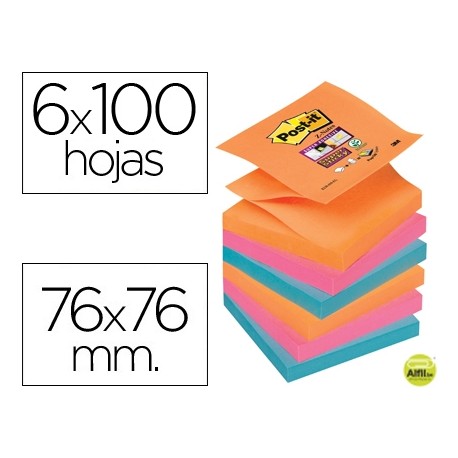 BLOC NOTA ADHESIVAS QUITA Y PON POST-IT SUPER STICKY 76X76 MM ZIGZAG CON 6 BLOC 2 ROSA NARANJA NEON