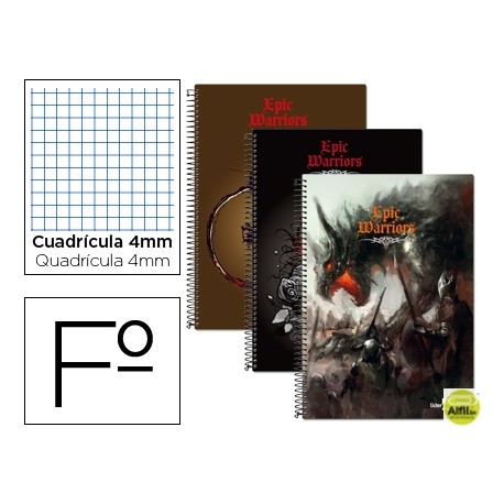 BLOC ESPIRAL LIDERPAPEL FOLIO 80 H CUADRO 4 MM TAPA CARTONCILLO 60 GR FANTASIA EPIC WARRIOS