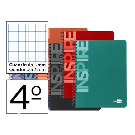 BLOC ESPIRAL LIDERPAPEL CUARTOINSPIRE TAPA EXTRADURA 80H 60 G CUADRO 5MM CON MARGEN. COLORES SURTIDO