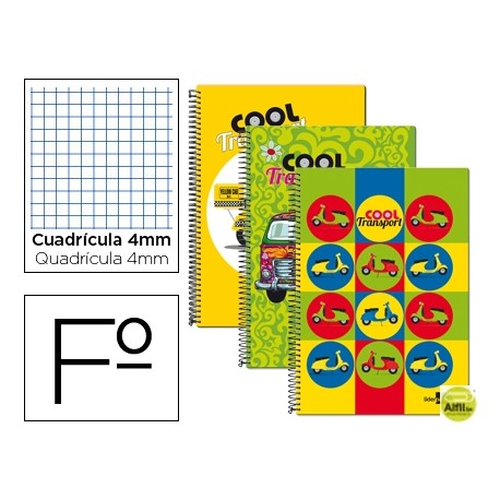 BLOC ESPIRAL LIDERPAPEL FOLIO 80 H CUADRO 4 MM TAPA CARTONCILLO 60 GR FANTASIA COOL TRANSPORTS