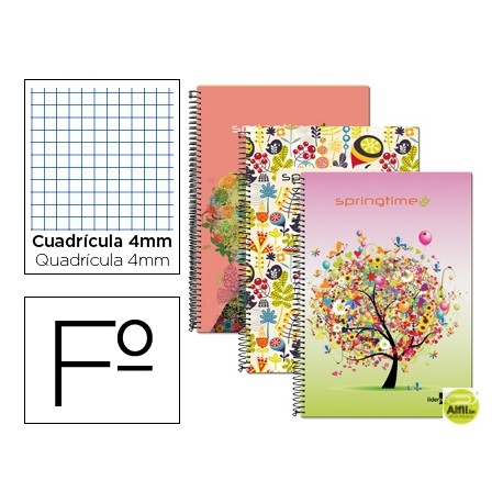 BLOC ESPIRAL LIDERPAPEL FOLIO 80 H CUADRO 4 MM TAPA CARTONCILLO 60 GR FANTASIA SPRING TIME