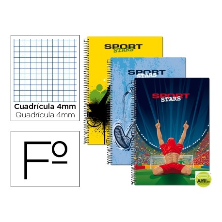 BLOC ESPIRAL LIDERPAPEL FOLIO 80 H CUADRO 4 MM TAPA CARTONCILLO 60 GR FANTASIA SPORT STARS