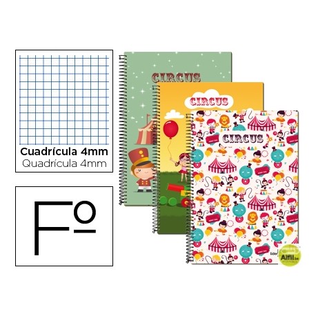 BLOC ESPIRAL LIDERPAPEL FOLIO 80 H CUADRO 4 MM TAPA CARTONCILLO 60 GR FANTASIA CIRCUS