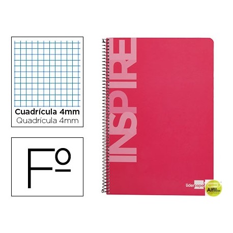 BLOC ESPIRAL LIDERPAPEL FOLIO INSPIRE TAPA EXTRADURA 80H 60 GR CUADRO 4 MM CON MARGEN COLOR ROSA
