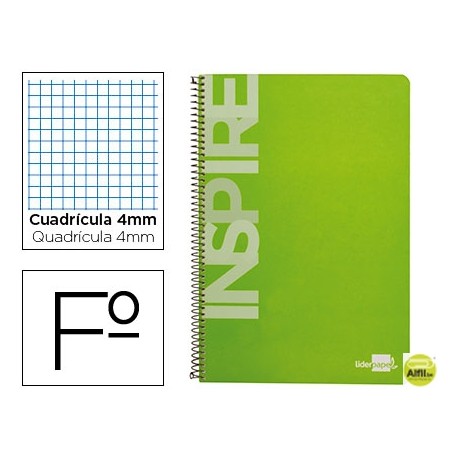 BLOC ESPIRAL LIDERPAPEL FOLIO INSPIRE TAPA EXTRADURA 80H 60 GR CUADRO 4 MM CON MARGEN COLOR VERDE CL