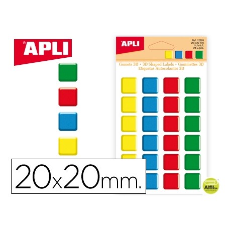 GOMETS APLI CUADRADOS 20X20 MM 3D COLORES SURTIDOS BOLSA DE 24 UNIDADES