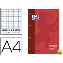 RECAMBIO COLOR OXFORD DIN A4 80 HOJAS 90 GRS CUADROS 5 MM 4 TALADROS ROJO