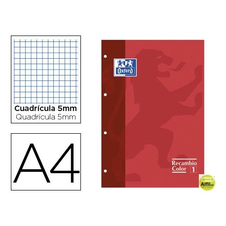 RECAMBIO COLOR OXFORD DIN A4 80 HOJAS 90 GRS CUADROS 5 MM 4 TALADROS ROJO