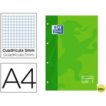 RECAMBIO COLOR OXFORD DIN A4 80 HOJAS 90 GRS CUADROS 5 MM 4 TALADROS VERDE