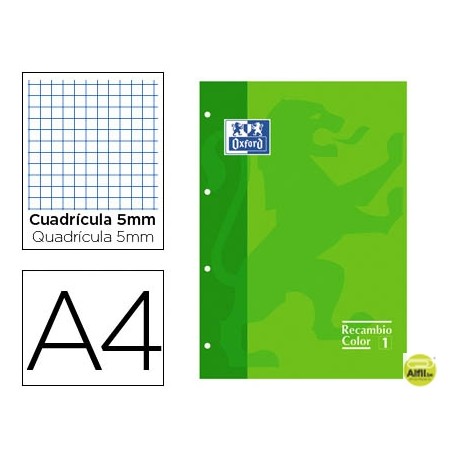 RECAMBIO COLOR OXFORD DIN A4 80 HOJAS 90 GRS CUADROS 5 MM 4 TALADROS VERDE