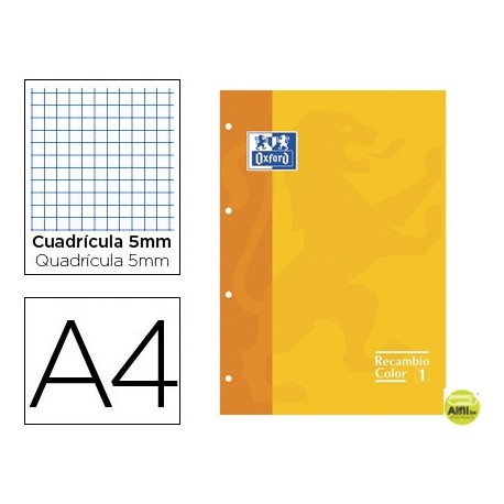 RECAMBIO COLOR OXFORD DIN 4A 80 HOJAS 90 GRS CUADROS 5 MM 4 TALADROS AMARILLO