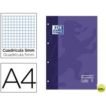 RECAMBIO COLOR OXFORD DIN A4 80 HOJAS 90 GRS CUADROS 5 MM 4 TALADROS LILA