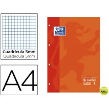RECAMBIO COLOR OXFORD DIN A4 80 HOJAS 90 GRS CUADROS 5 MM 4 TALADROS NARANJA