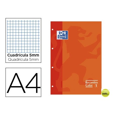 RECAMBIO COLOR OXFORD DIN A4 80 HOJAS 90 GRS CUADROS 5 MM 4 TALADROS NARANJA