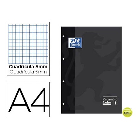 RECAMBIO COLOR OXFORD DIN A4 80 HOJAS 90 GRS CUADROS 5 MM 4 TALADROS NEGRO