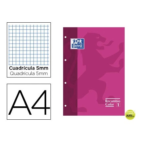 RECAMBIO COLOR OXFORD DIN A4 80 HOJAS 90 GRS CUADROS 5 MM 4 TALADROS ROSA