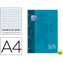 RECAMBIO COLOR OXFORD DIN A4 80 HOJAS 90 GRS CUADROS 5 MM 4 TALADROS TURQUESA