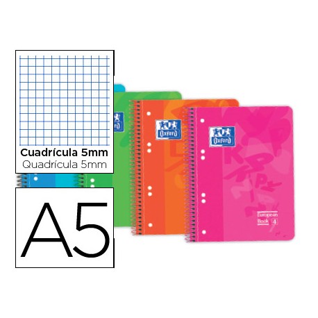 BLOC ESPIRAL OXFORD EUROPEAN BOOK TAPA EXTRA TAMAÑO DIN A5 120 HOJAS 90GRS CUADRICULA 5 MM