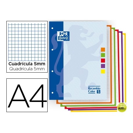 RECAMBIO COLOR OXFORD DIN A4 80 HOJAS 90 GR OPTIK PAPER CUADROS 5MM 4 TALADROS
