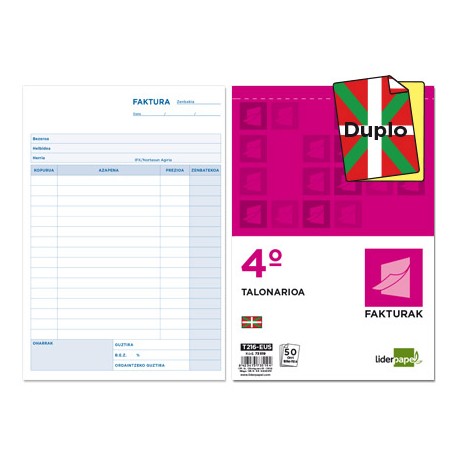 TALONARIO LIDERPAPEL FACTURAS CUARTO ORIGINAL Y COPIA T216-EUS TEXTO EN EUSKERA