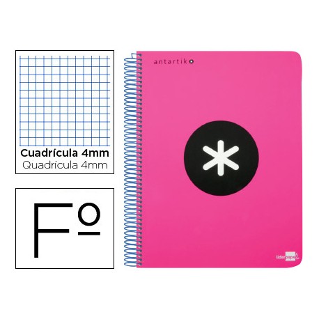 BLOC ESPIRAL LIDERPAPEL FOLIO ANTARTIK TAPA POLIPROPILENO 80 H 100G CUADRO 4MM CON MARGEN COLOR ROSA
