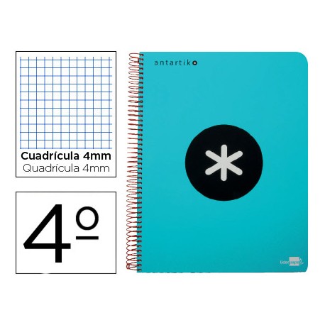 BLOC ESPIRAL LIDERPAPEL CUARTO ANTARTIK TAPA POLIPROPILENO 80 H 100G CUADRO 4MM MARGEN TURQUESA