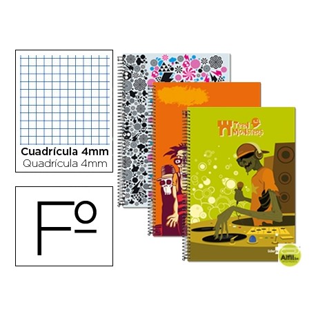 BLOC ESPIRAL LIDERPAPEL FOLIO 80 H CUADRO 4 MM TAPA CARTONCILLO 60 GR FANTASIA TEEN MONSTER