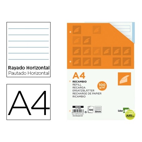 RECAMBIO LIDERPAPEL A4 100 HOJAS 100 G/M2 RAYADO HORIZONTAL 4 TALADROS BANDAS DE 5 COLORES