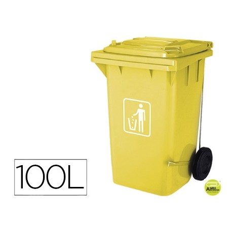 PAPELERA CONTENEDOR Q-CONNECT PLASTICO CON TAPADERA 100L COLOR AMARILLO 1150X500X560 MMCON RUEDAS