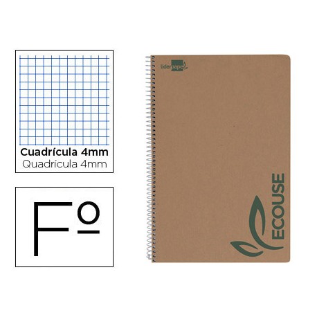 BLOC ESPIRAL LIDERPAPEL FOLIO ECOUSE TAPA CARTULINA KRAFT 80 HOJAS PAPEL RECICLADO 60 GR CUADRO 4 MM