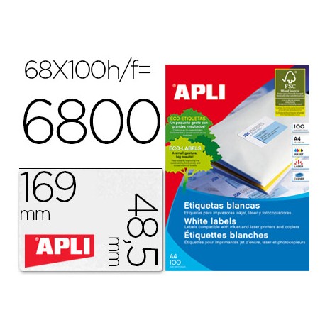 ETIQUETAS ADHESIVAS APLI 01282 TAMAÑO 48,5X169 MM PARA FOTOCOPIADORA LASER INK-JET CAJA DE 100H DINA