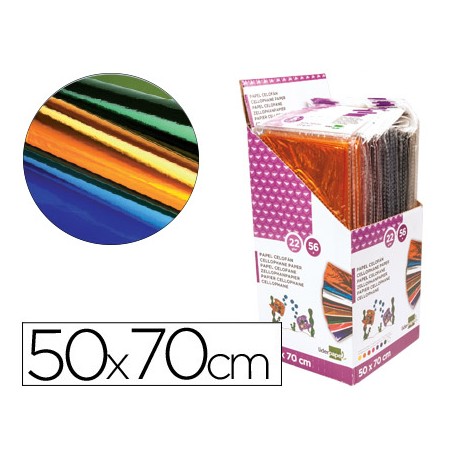 PAPEL CELOFAN LIDERPAPEL 50X70 EXPOSITOR 56 BOLSAS DE 5 HOJAS 8 COLORES SURTIDOS