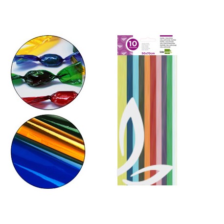 PAPEL CELOFAN LIDERPAPEL 50X70 CM 22G/M2 BOLSA DE 10 HOJAS COLORES SURTIDOS