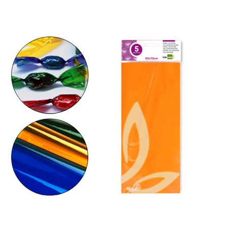 PAPEL CELOFAN LIDERPAPEL 50X70 CM 22G/M2 BOLSA DE 5 HOJAS NARANJA