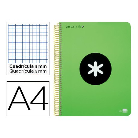 BLOC ESPIRAL LIDERPAPEL A4 MICRO ANTARTIK TAPA POLIPROPILENO 120 H 100G CUADRO 5MM 5 BANDAS 4VERDE F