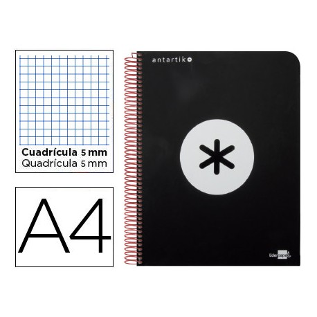 BLOC ESPIRAL LIDERPAPEL A4 MICRO ANTARTIK TAPA POLIPROPILENO 120 H 100G CUADRO 5MM 5 BANDAS 4 NEGRO