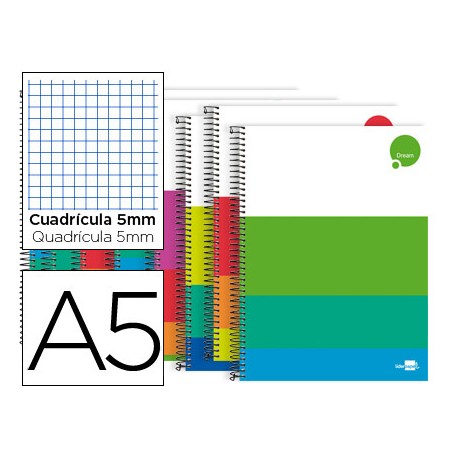 BLOC ESPIRAL LIDERPAPEL A5 MICRO DREAM TAPA EXTRADURA 140H 80G CUADRO 5MM 5 BANDAS 6 TALADROS COLORE