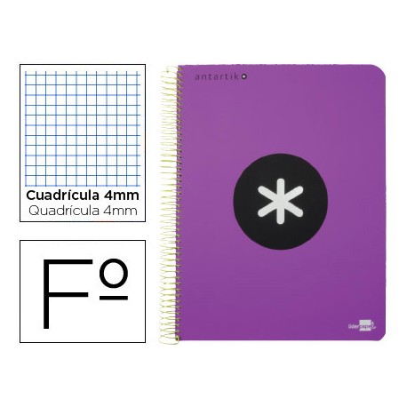 BLOC ESPIRAL LIDERPAPEL FOLIO ANTARTIK TAPA EXTRADURA 80 H 100G CUADRO 4 MM CON MARGEN COLOR VIOLETA